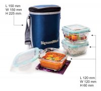 Signoraware Director High Borosilicate Bakeware Safe Glass Lunch Box Set with Bag, 320ml+320ml+320ml, 3-Pieces, Transparent