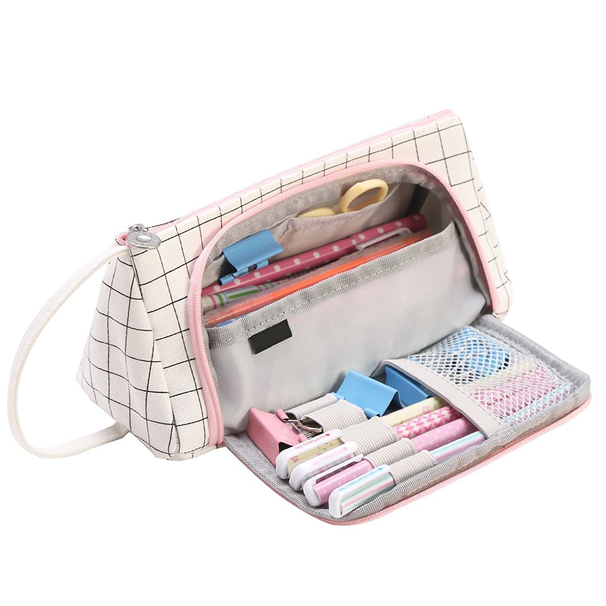Electomania Large Capacity Pencil Bag, Canvas Cotton Linen Pencil Pouch With Handle, Portable Makeup Bag, Case Cute Stationery Bag for Students Girls Adults Office (Black and White Grid) Electomania Large Capacity Pencil Bag, Canvas Cotton Linen Pencil Pouch With Handle, Portable Makeup Bag, Case Cute Stationery Bag for Students Girls Adults Office (Black and White Grid)