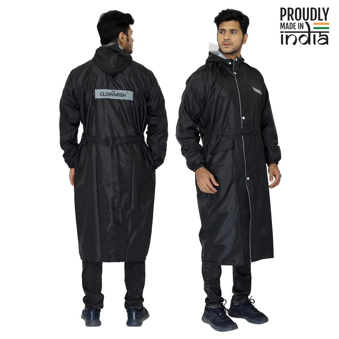 THE CLOWNFISH Reversible Use Unisex Waterproof Long Coat Raincoat for Men and Women with Adjustable Hood and Reflector at Back for Night Visibility with Storage Bag Opener Series THE CLOWNFISH Reversible Use Unisex Waterproof Long Coat Raincoat for Men and Women with Adjustable Hood and Reflector at Back for Night Visibility with Storage Bag Opener Series