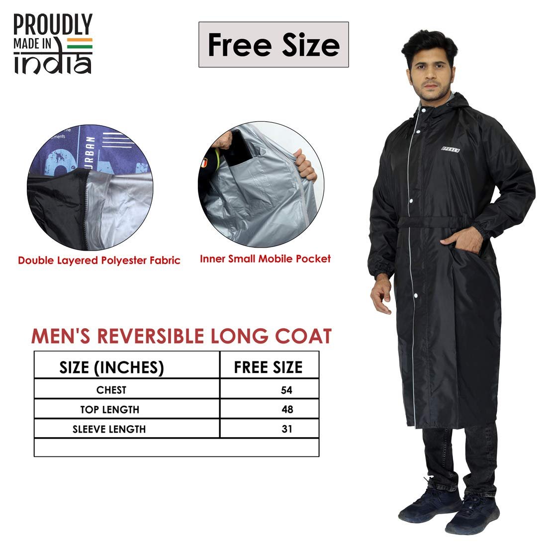THE CLOWNFISH Reversible Use Unisex Waterproof Long Coat Raincoat for Men and Women with Adjustable Hood and Reflector at Back for Night Visibility with Storage Bag Opener Series THE CLOWNFISH Reversible Use Unisex Waterproof Long Coat Raincoat for Men and Women with Adjustable Hood and Reflector at Back for Night Visibility with Storage Bag Opener Series