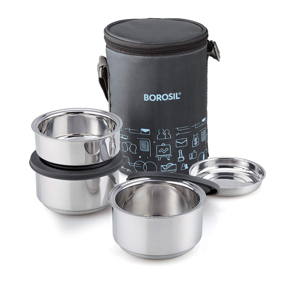 Borosil - Carry Fresh Stainless Steel Insulated Lunch Box Set of 3, (2pcs 280 ml + 1pcs 180 ml), Black Borosil - Carry Fresh Stainless Steel Insulated Lunch Box Set of 3, (2pcs 280 ml + 1pcs 180 ml), Black