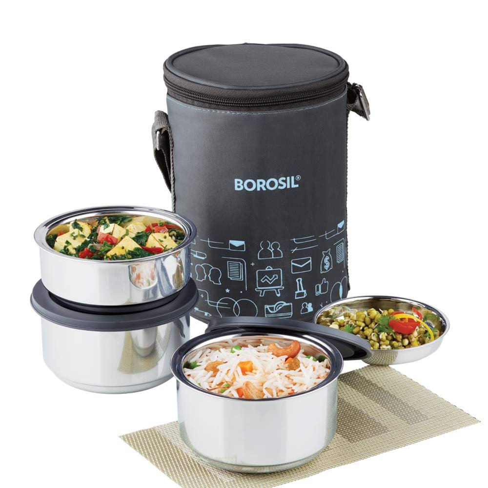 Borosil - Carry Fresh Stainless Steel Insulated Lunch Box Set of 3, (2pcs 280 ml + 1pcs 180 ml), Black Borosil - Carry Fresh Stainless Steel Insulated Lunch Box Set of 3, (2pcs 280 ml + 1pcs 180 ml), Black
