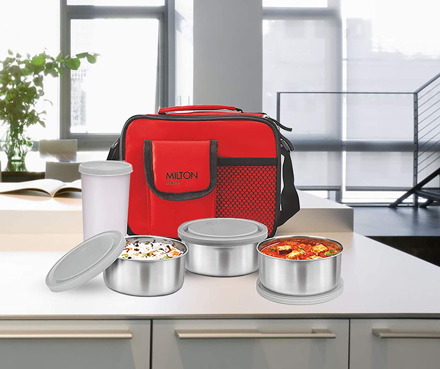 Milton Stainless Steel Combi Lunch Box with Tumbler, 4-Pieces, Red Milton Stainless Steel Combi Lunch Box with Tumbler, 4-Pieces, Red