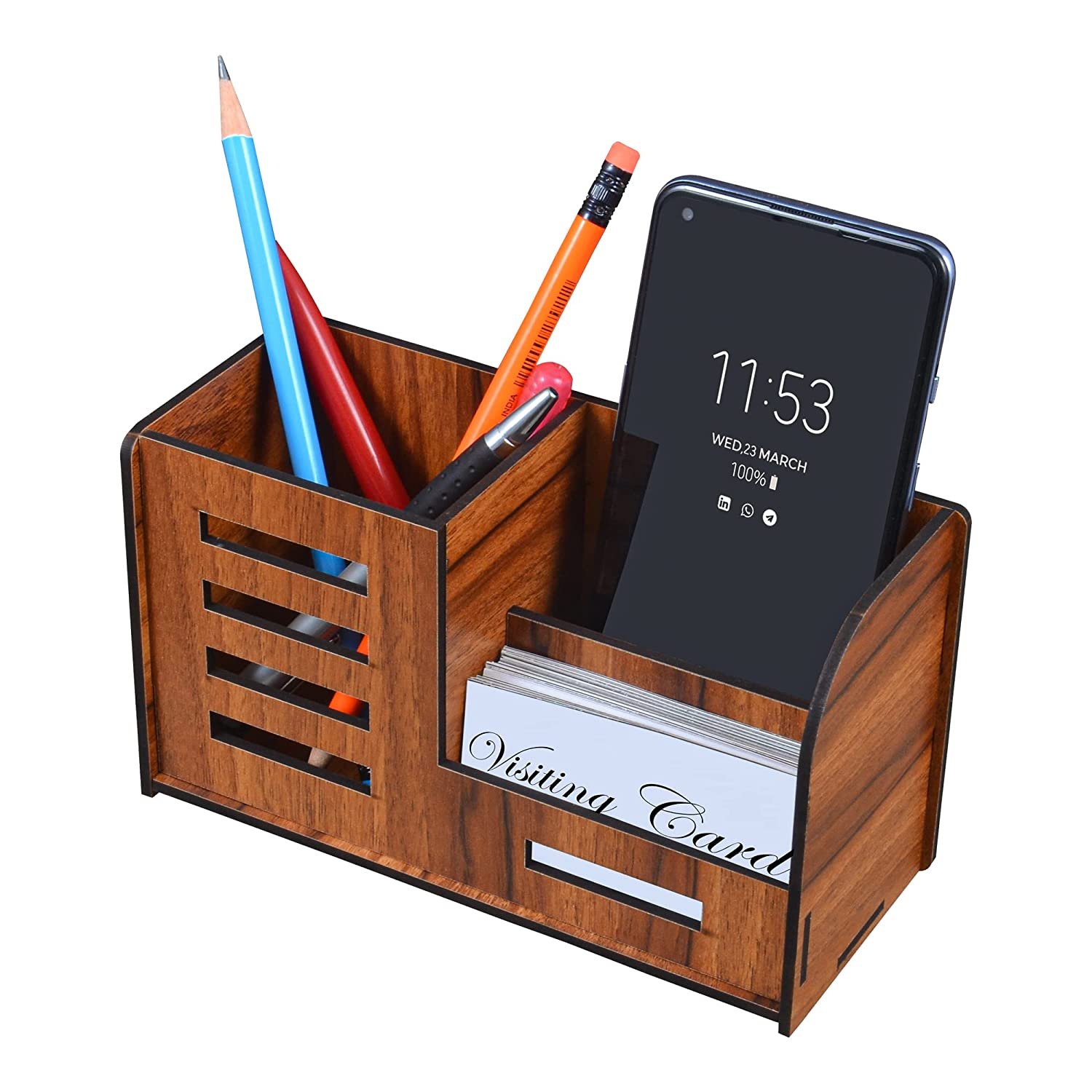 DecorHome Pen Stand With Visiting Card & Mobile Holder Multipurpose Wooden Desk Organizer Pen And Pencil Stand For Office Table With Business Card Holder Box And Mobile Stand (Wooden) DecorHome Pen Stand With Visiting Card & Mobile Holder Multipurpose Wooden Desk Organizer Pen And Pencil Stand For Office Table With Business Card Holder Box And Mobile Stand (Wooden)