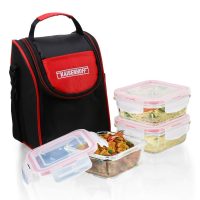 Kaiserhoff 3 Pcs Square Glass Lunch Box Set with Lunch Bag, 320 ml, Clear