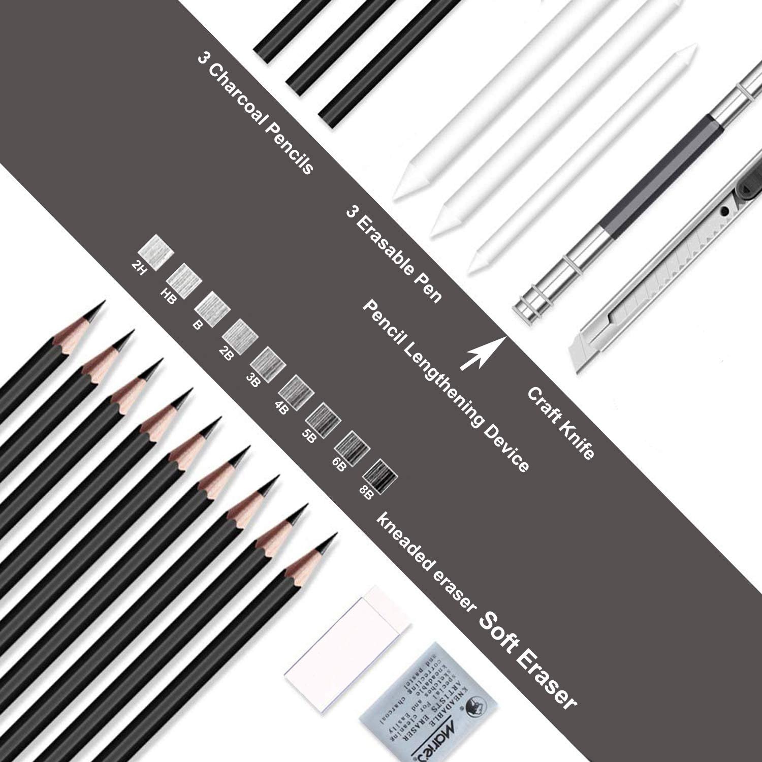 REHTRAD 29 Pcs Drawing Pencil Set for Artists Sketching Pencil Set with Graphite Pencils, Charcoal Pencils, Canvas Pencil Bag,Craft Knife,Eraser and Erasable Pencils REHTRAD 29 Pcs Drawing Pencil Set for Artists Sketching Pencil Set with Graphite Pencils, Charcoal Pencils, Canvas Pencil Bag,Craft Knife,Eraser and Erasable Pencils