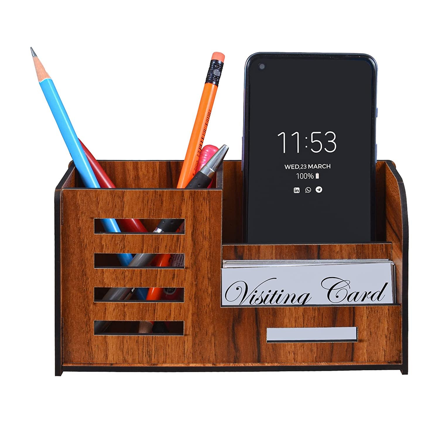 DecorHome Pen Stand With Visiting Card & Mobile Holder Multipurpose Wooden Desk Organizer Pen And Pencil Stand For Office Table With Business Card Holder Box And Mobile Stand (Wooden) DecorHome Pen Stand With Visiting Card & Mobile Holder Multipurpose Wooden Desk Organizer Pen And Pencil Stand For Office Table With Business Card Holder Box And Mobile Stand (Wooden)