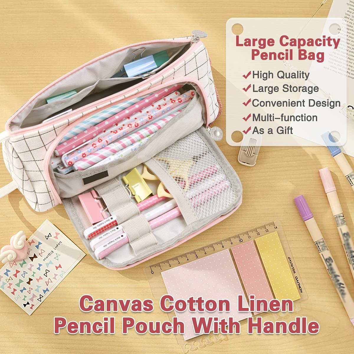 Electomania Large Capacity Pencil Bag, Canvas Cotton Linen Pencil Pouch With Handle, Portable Makeup Bag, Case Cute Stationery Bag for Students Girls Adults Office (Black and White Grid) Electomania Large Capacity Pencil Bag, Canvas Cotton Linen Pencil Pouch With Handle, Portable Makeup Bag, Case Cute Stationery Bag for Students Girls Adults Office (Black and White Grid)