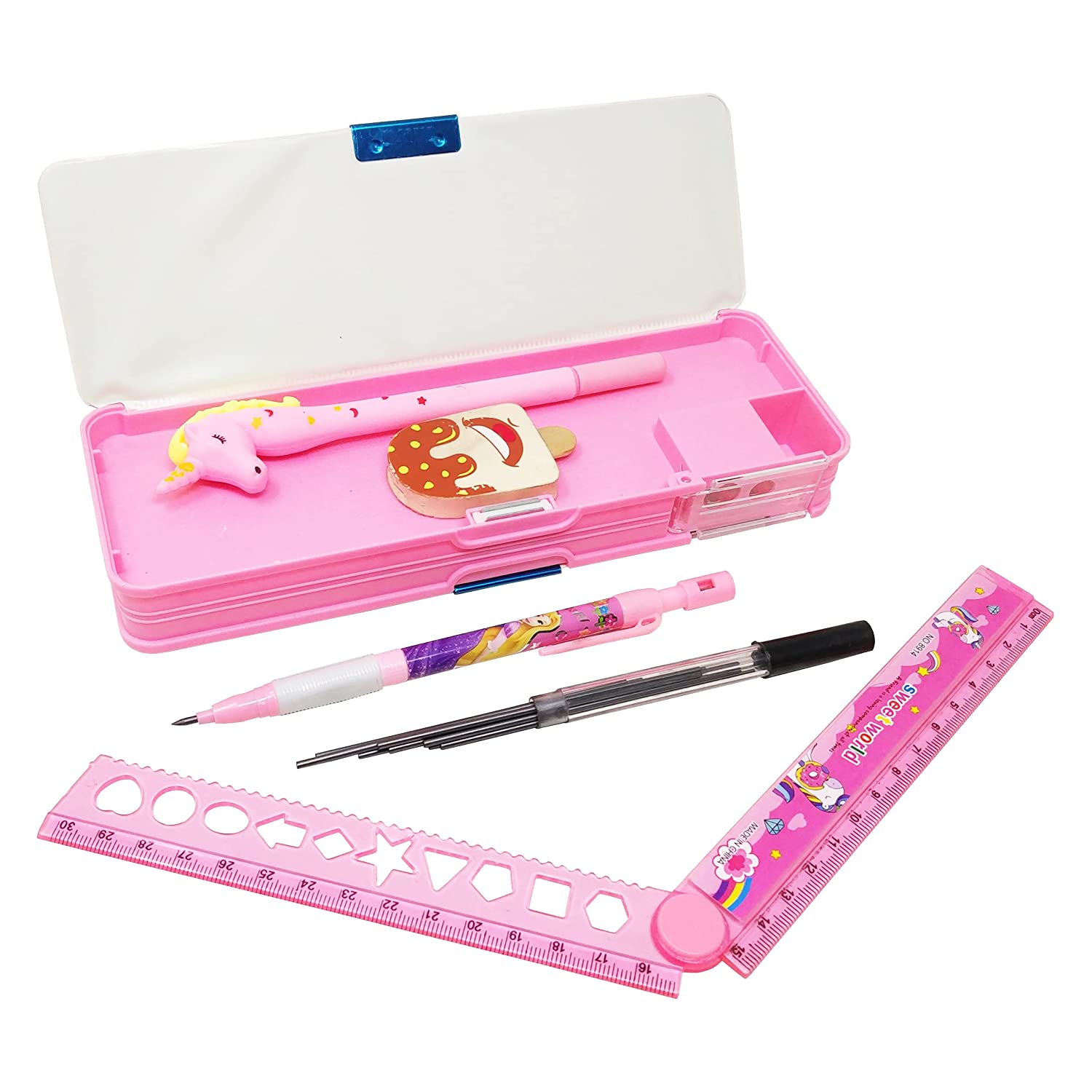 Parteet Stationery Combo of 1 Plastic Pink Pencil Box with Calculator ,1 Unicorn Pen, 1 Lead Pencil with Extra Lead, 1 Ice Cream Eraser and 1 Folding Scale for Kids(Girls) Parteet Stationery Combo of 1 Plastic Pink Pencil Box with Calculator ,1 Unicorn Pen, 1 Lead Pencil with Extra Lead, 1 Ice Cream Eraser and 1 Folding Scale for Kids(Girls)