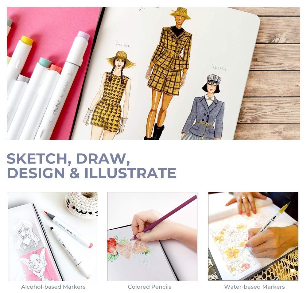 Sketch Book, Ohuhu A4 Drawing book for artists, 120LB200GSM drawing pad, 78 Sheets156 Pages Sketch Book for Alcohol Markers, solvent markers, pencils, charcoal, pastels etc., Great Gift Idea Sketch Book, Ohuhu A4 Drawing book for artists, 120LB200GSM drawing pad, 78 Sheets156 Pages Sketch Book for Alcohol Markers, solvent markers, pencils, charcoal, pastels etc., Great Gift Idea