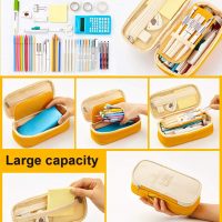 HASTHIP® Big Capacity Pencil Case, Storage Multiple Compartment Double Zipper Portable Large Storage High Capacity Bag Pouch for College Student Teen (Yellow)