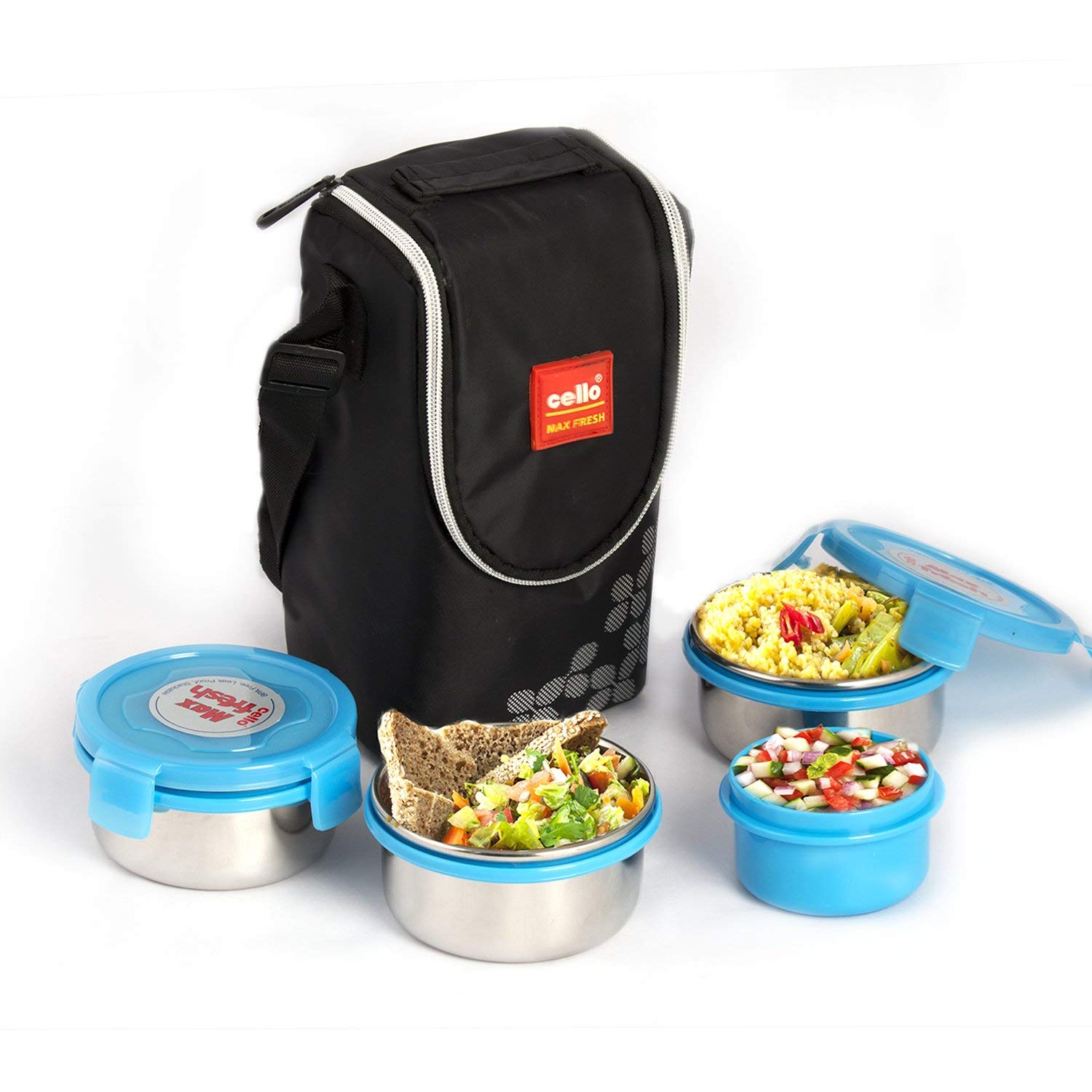 Cello Max Fresh Click Stainless Steel Lunch Box Set, 4-Pieces, Blue Cello Max Fresh Click Stainless Steel Lunch Box Set, 4-Pieces, Blue