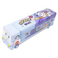 Parteet Multicolour Cartoon Printed School Bus Metal Pencil Box with Moving Tyres and Sharpner for Kids (Blue)