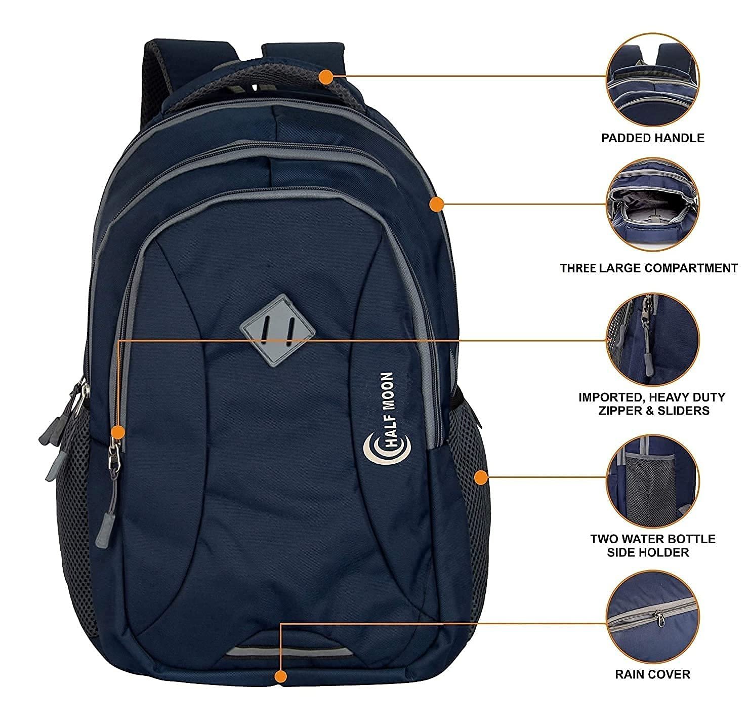 Half Moon 35 L Casual Waterproof Laptop Bag/Backpack for Men Women Boys Girls/Office School College Teens & Students with Rain Cover (18 Inch) (Navy) Half Moon 35 L Casual Waterproof Laptop Bag/Backpack for Men Women Boys Girls/Office School College Teens & Students with Rain Cover (18 Inch) (Navy)
