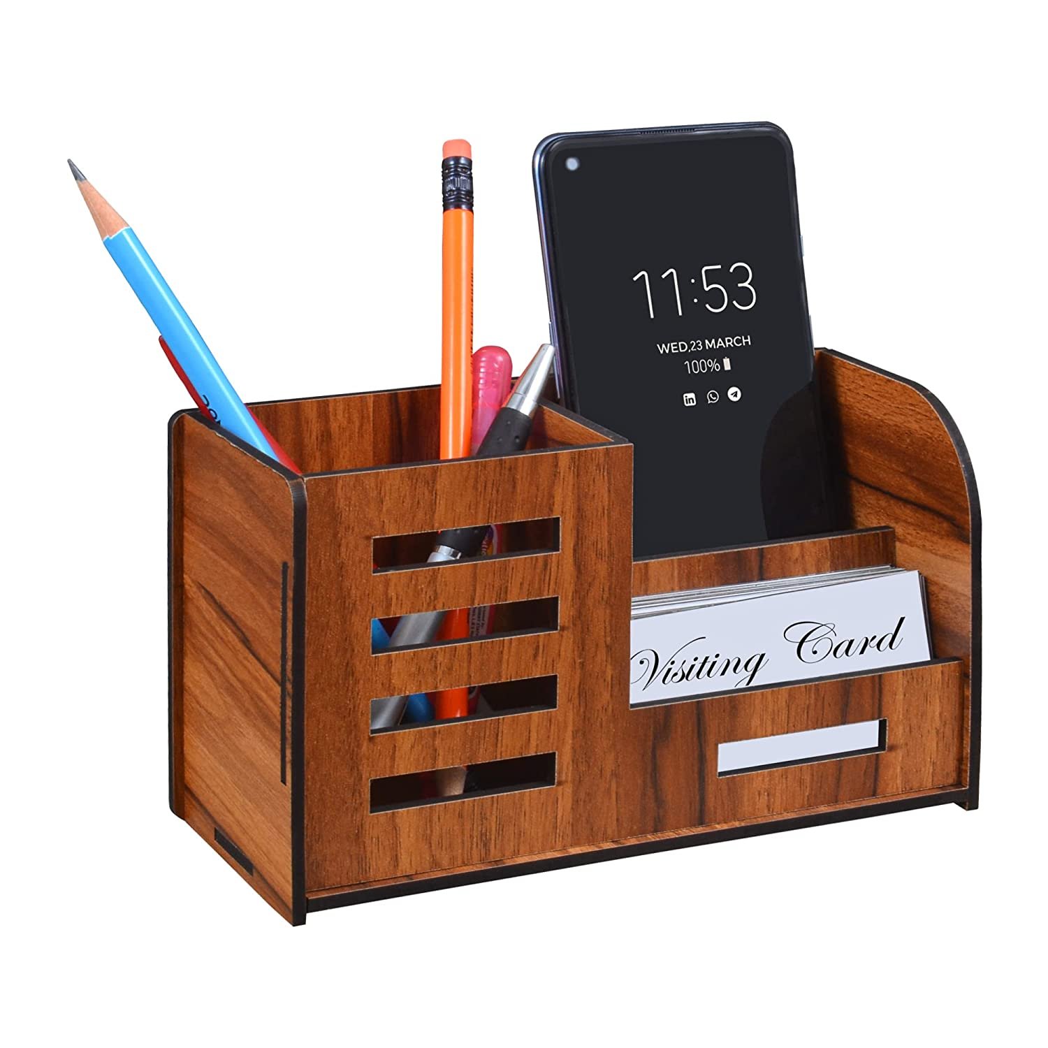 DecorHome Pen Stand With Visiting Card & Mobile Holder Multipurpose Wooden Desk Organizer Pen And Pencil Stand For Office Table With Business Card Holder Box And Mobile Stand (Wooden) DecorHome Pen Stand With Visiting Card & Mobile Holder Multipurpose Wooden Desk Organizer Pen And Pencil Stand For Office Table With Business Card Holder Box And Mobile Stand (Wooden)