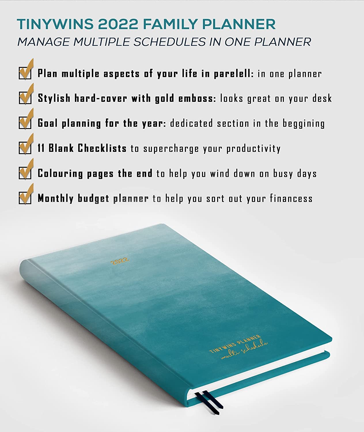 TINYCHANGE TinyWins 2022 Family Planner Diary Multi Schedule; Plan Your Day, Achieve Goals, Manage Tasks and Balance All Life Priorities - Hardcover A5 Diary with Shopping Lists and Stickers TINYCHANGE TinyWins 2022 Family Planner Diary Multi Schedule; Plan Your Day, Achieve Goals, Manage Tasks and Balance All Life Priorities - Hardcover A5 Diary with Shopping Lists and Stickers