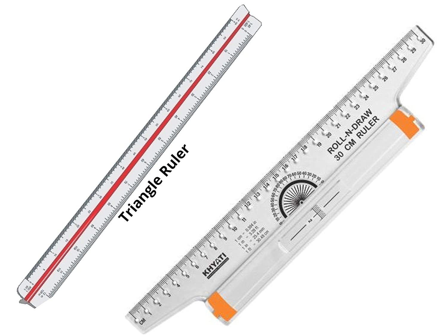 KHYATI Plastic Roll N Draw Ruler (30 cm) and Plastic Triangle ScaleRuler-30cm (12 Inch) Long Plastic Drafting Scale Ruler Very Useful to Architect, Engineering Students, Office Employee (Set of 2) KHYATI Plastic Roll N Draw Ruler (30 cm) and Plastic Triangle ScaleRuler-30cm (12 Inch) Long Plastic Drafting Scale Ruler Very Useful to Architect, Engineering Students, Office Employee (Set of 2)