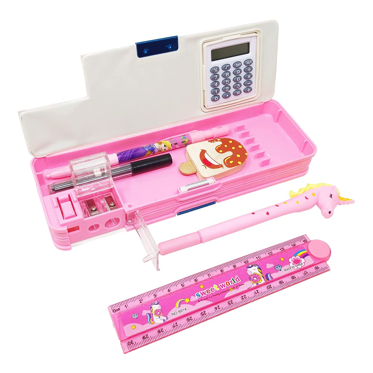 Parteet Stationery Combo of 1 Plastic Pink Pencil Box with Calculator ,1 Unicorn Pen, 1 Lead Pencil with Extra Lead, 1 Ice Cream Eraser and 1 Folding Scale for Kids(Girls) Parteet Stationery Combo of 1 Plastic Pink Pencil Box with Calculator ,1 Unicorn Pen, 1 Lead Pencil with Extra Lead, 1 Ice Cream Eraser and 1 Folding Scale for Kids(Girls)
