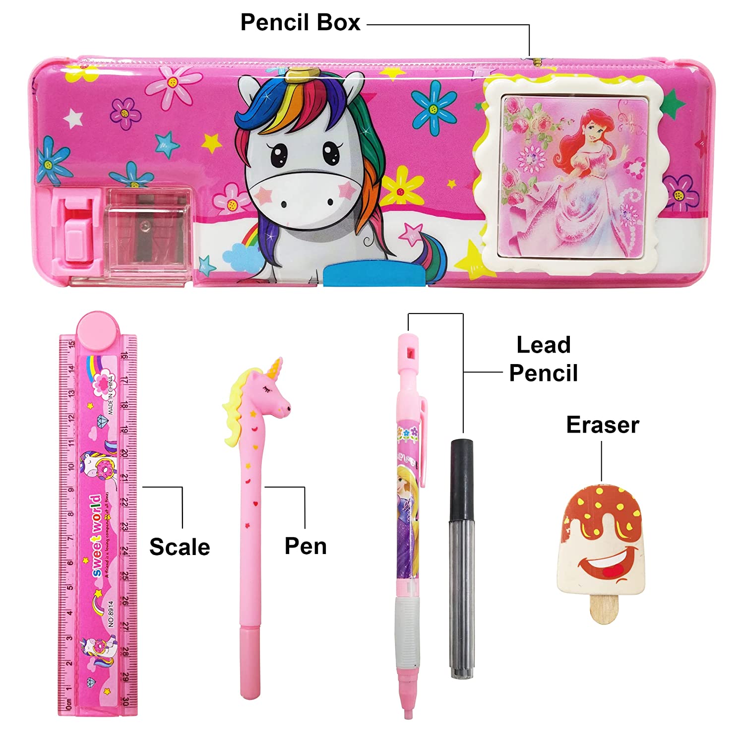 Parteet Stationery Combo of 1 Plastic Pink Pencil Box with Calculator ,1 Unicorn Pen, 1 Lead Pencil with Extra Lead, 1 Ice Cream Eraser and 1 Folding Scale for Kids(Girls) Parteet Stationery Combo of 1 Plastic Pink Pencil Box with Calculator ,1 Unicorn Pen, 1 Lead Pencil with Extra Lead, 1 Ice Cream Eraser and 1 Folding Scale for Kids(Girls)