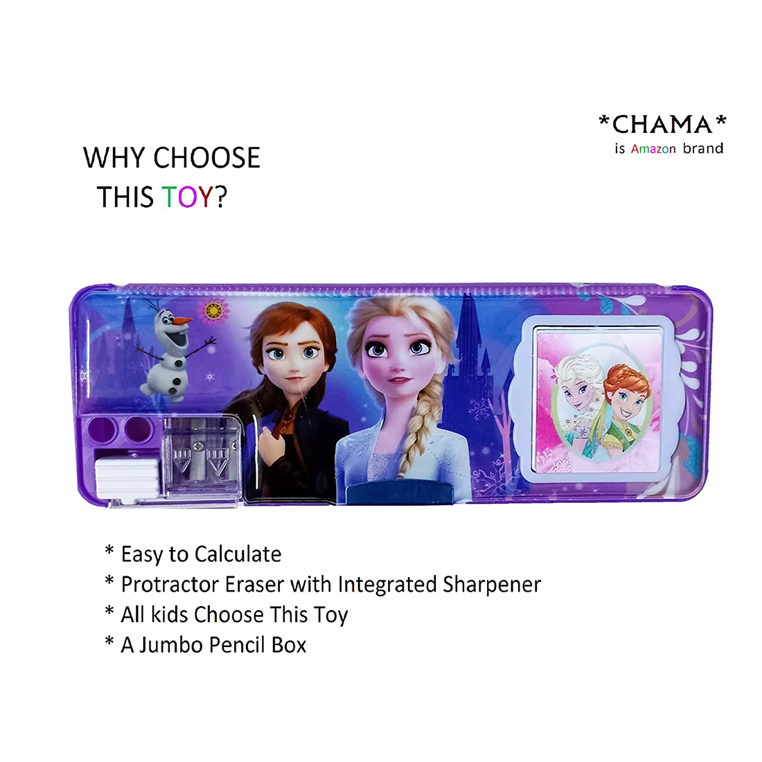 Royal Toys Magnetic Pencil Box with Calculator & Dual Sharpener for Kids  for School,Barbie Big Size Cartoon Printed Pencil Case for Kids by Chama  Enterprise ( Frozen )Plastic, Pack of 1 |