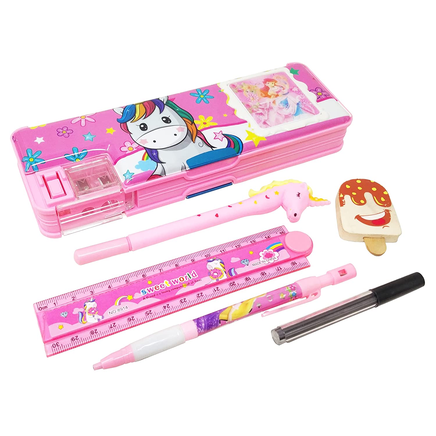 Parteet Stationery Combo of 1 Plastic Pink Pencil Box with Calculator ,1 Unicorn Pen, 1 Lead Pencil with Extra Lead, 1 Ice Cream Eraser and 1 Folding Scale for Kids(Girls) Parteet Stationery Combo of 1 Plastic Pink Pencil Box with Calculator ,1 Unicorn Pen, 1 Lead Pencil with Extra Lead, 1 Ice Cream Eraser and 1 Folding Scale for Kids(Girls)