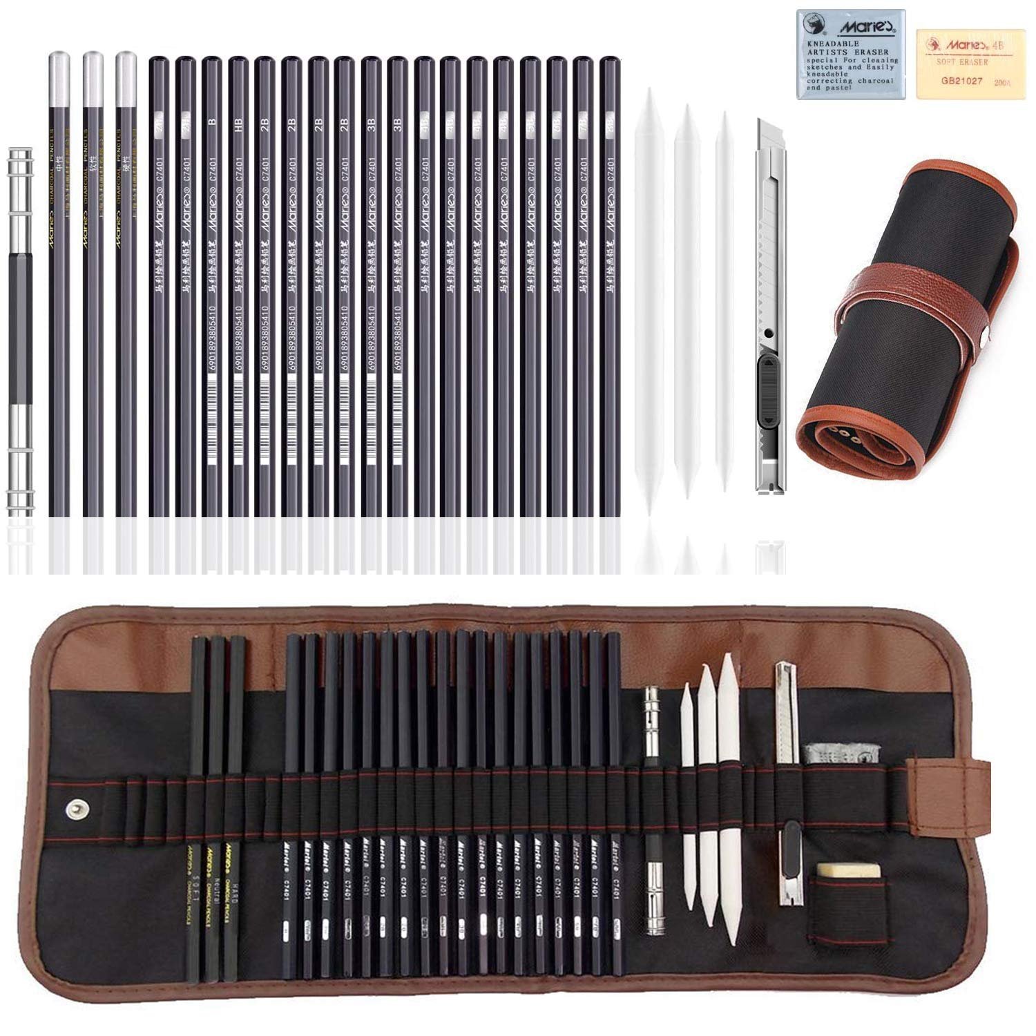 REHTRAD 29 Pcs Drawing Pencil Set for Artists Sketching Pencil Set with Graphite Pencils, Charcoal Pencils, Canvas Pencil Bag,Craft Knife,Eraser and Erasable Pencils REHTRAD 29 Pcs Drawing Pencil Set for Artists Sketching Pencil Set with Graphite Pencils, Charcoal Pencils, Canvas Pencil Bag,Craft Knife,Eraser and Erasable Pencils