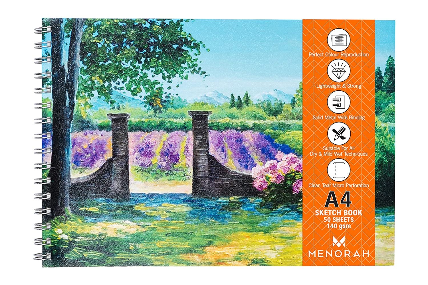 MENORAH - A4 Drawing Sketch Notebook- Perforated Textured Paper-140 GSM- 100 Pages / 50 Sheets- (21.0 cm x 29.7 cm)- (Lavender Garden) Design MENORAH - A4 Drawing Sketch Notebook- Perforated Textured Paper-140 GSM- 100 Pages / 50 Sheets- (21.0 cm x 29.7 cm)- (Lavender Garden) Design