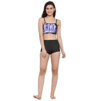 CUKOO Two Piece Swim WearSwim Suit with Abstract Purple Print Colour Crop Top and Black Shorts for Women and Girls (80% Nylon 20% Spandex) (Comfort Fit)